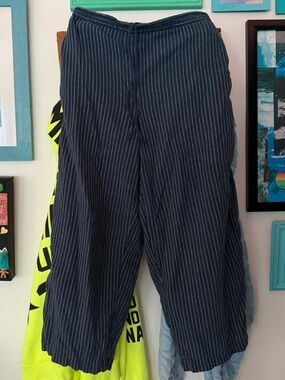 Anokhi Blue & Crean Striped Indian Cotton Wide Leg Crop Pants Culottes Size S